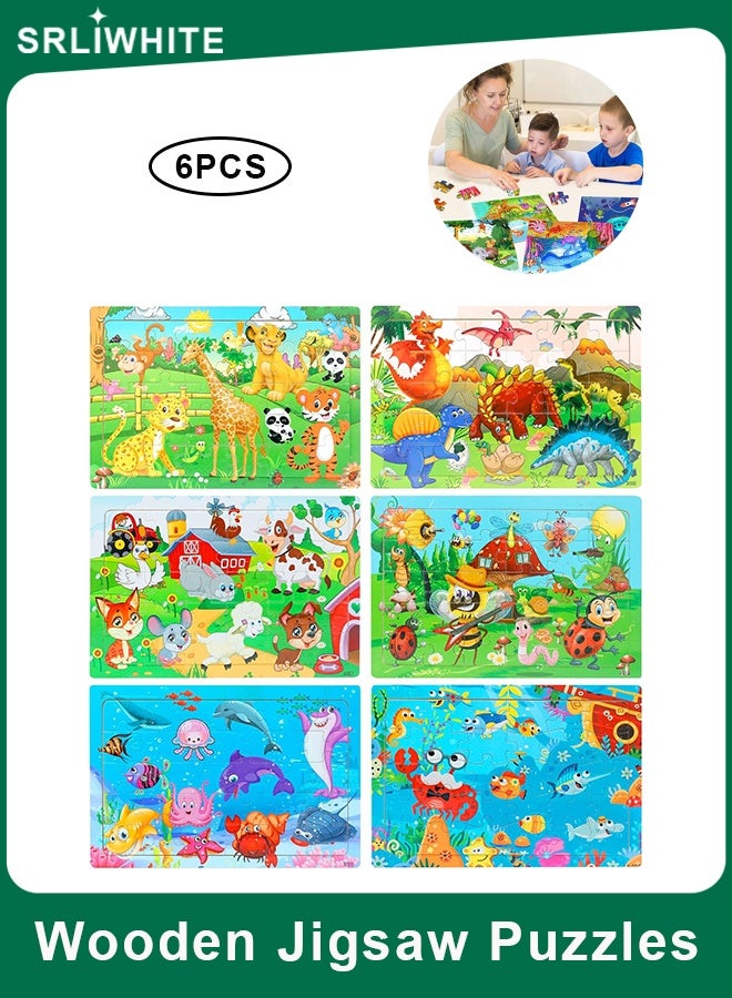 SRLIWHITE 6PCS Set Wooden Jigsaw Puzzles for Kids Ages 3–12, 30 Piece Colorful Preschool Learning Puzzles with Storage Trays, Educational Wooden Toys for Toddlers Boys or Girls (Animals, Dinosaurs, Ocean and More) - Image 1